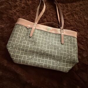 Classic Neutral Patterned Tote Bag with Pink Trim